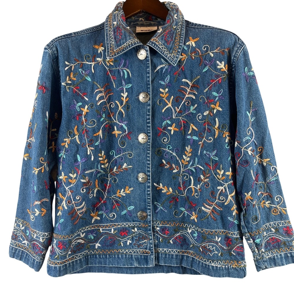 VINTAGE Units Denim Jacket Womens M Embroidered Floral Boho 90s Button Front